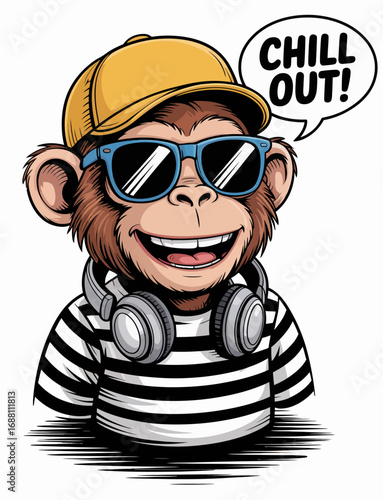 This vibrant illustration features a cheerful monkey sporting sunglasses, headphones, and a striped shirt, embodying a relaxed and carefree attitude alongside fun style elements.