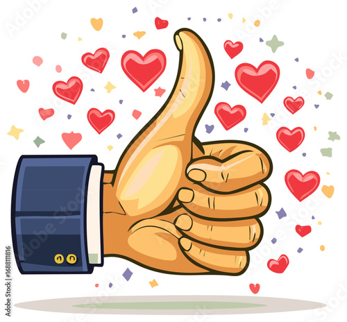 Hand in business suit gesturing thumbs up surrounded by hearts and confetti for appreciation or approval