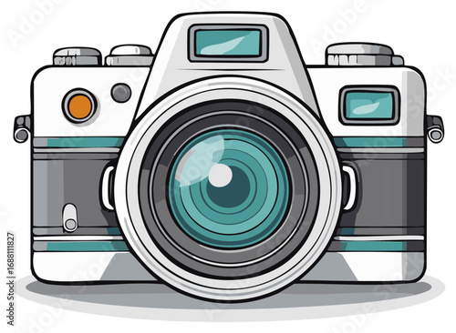 Retro Camera Illustration with Teal Lens, Cartoon Drawing of Photography Equipment