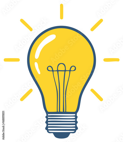 Bright yellow light bulb with glowing rays symbolizing a new idea or inspiration