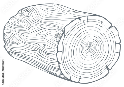 Monochrome illustration of a cut tree trunk with visible growth rings and detailed wood grain texture