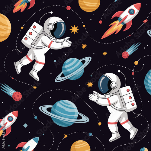 An astronaut reaches out while swimming through a space filled with vibrant planets, comets, and rockets, embodying the thrill and mystery of outer space exploration.