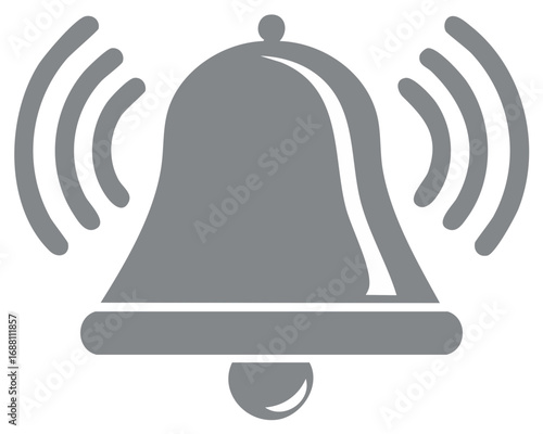 Gray bell ringing icon with sound waves on a white background