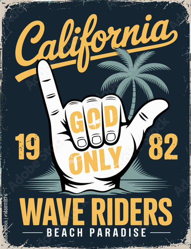 This artwork features a distinctive hand gesture symbolizing ideas of faith, with a vintage California theme, emphasizing creativity, style, and uniqueness in design.