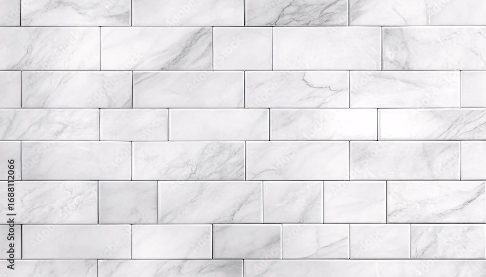 Fototapeta premium The illustration shows a wall of rectangular white marble tiles with subtle gray veining, arranged in a repeating pattern.
