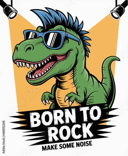 A charismatic dinosaur character adorned with stylish sunglasses, illuminated by spotlights, this image embodies a lively rock and roll atmosphere perfect for promotional use.