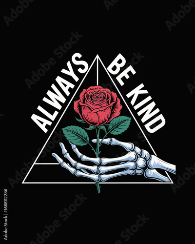 A visually captivating skeleton hand holds a delicate rose, poignantly representing the theme of kindness and the beauty found within the intersection of life and death.
