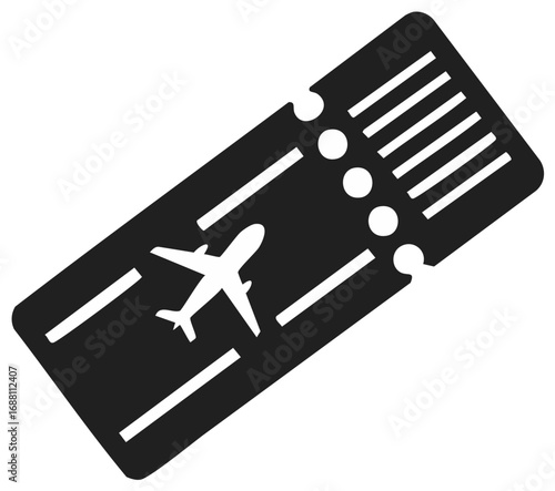 Simple black and white flight ticket or boarding pass icon for travel and aviation concepts