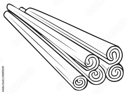 Cinnamon sticks stacked illustration outlining spicy food ingredient black and white line art