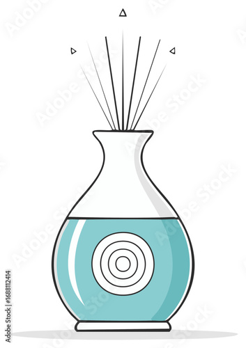 Aroma reed diffuser with light blue liquid in a decorative vase with geometric target on its side