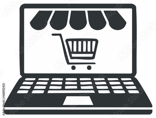 Online Shopping Storefront Icon on Laptop Screen Digital Commerce Concept