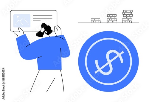 Business person viewing report next to coin stacks and large dollar sign. Ideal for finance, investments, budget management, savings, economic planning, business growth, simple flat metaphor