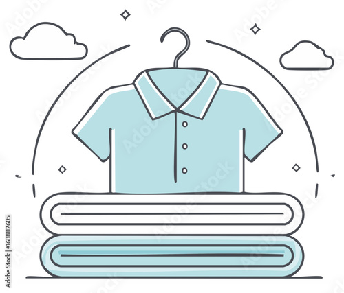 Freshly Washed Light Blue Collared Shirt on Hanger with Stack of Neatly Folded Laundry in Clean Illustration
