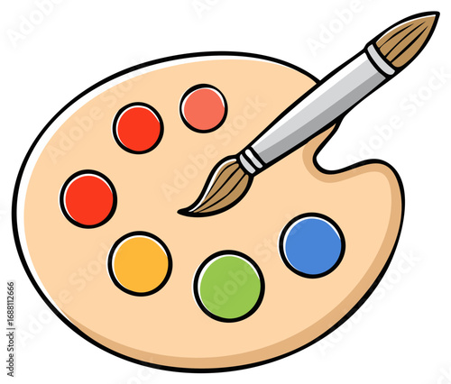Artist's palette with brush and vibrant colorful paint dots
