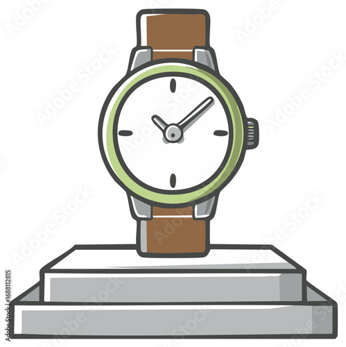 Wristwatch on Display Stand Cartoon Illustration Stylish Watch Green Bezel Brown Leather Strap Precise Time Keeping Accessory