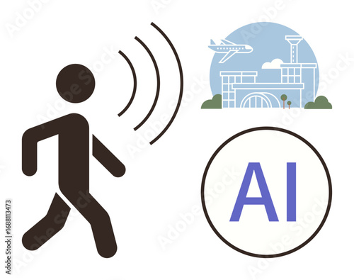 Person walking emitting wireless signals, modern airport terminal, airplane, and AI integration. Ideal for navigation, technology, mobility, communication innovation automation travel. Simple flat