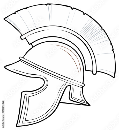 Ancient Greek Roman warrior helmet with a plume crest isolated line art illustration