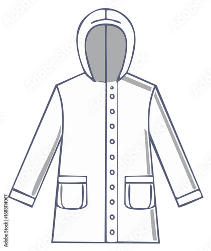 Vector illustration of a white raincoat with a hood and pockets
