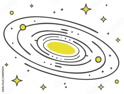 Galaxy depiction with stars and planets, simple illustration for print or digital use; astronomical representation