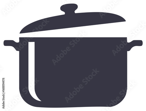 Stylized dark grey cooking pot with lid ajar and side handles simple silhouette