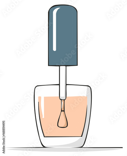 Cartoon illustration of an open nail polish bottle with nude lacquer for a manicure
