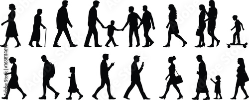 Silhouette people walking, diverse crowd, urban lifestyle, family, children, elderly, skateboard, phone use, daily life, flat vector illustration, street scene, diversity