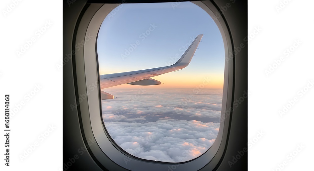Fototapeta premium Golden Hour Flight - Airplane Wing and Cloudscape Viewed Through Oval Window.