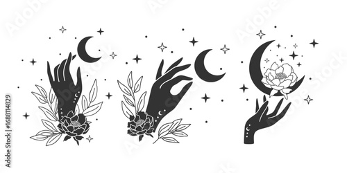 Mystical Hand Silhouette with Moon, Stars, and Floral Elements in Line Art