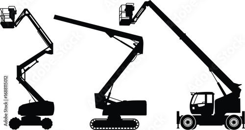 Boom lifts, aerial work platforms, cherry pickers, telescopic lift, articulating lift, construction equipment, maintenance vehicle, elevated platform, flat vector illustration, 