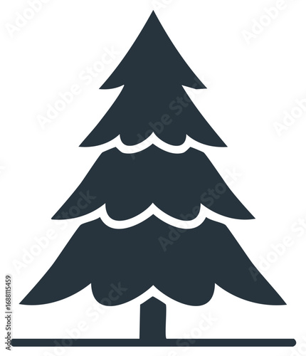 Stylized dark evergreen tree silhouette with layered branches and a thick trunk
