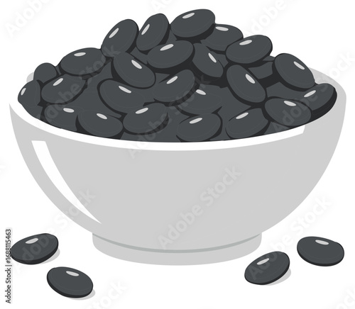 Illustration of black beans overflowing in a white bowl with beans scattered in front.