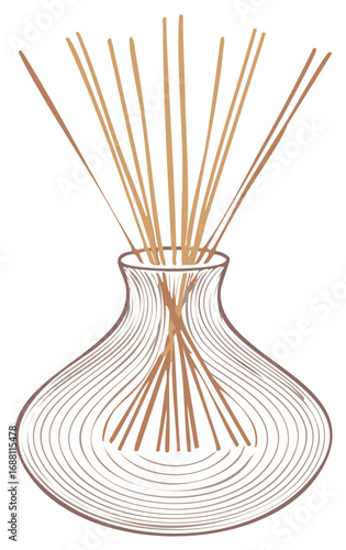 Hand-drawn diffuser illustration with reed sticks and a glass vase, vector design
