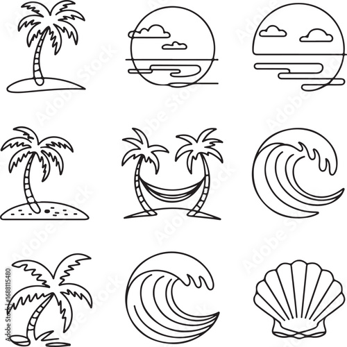 beautiful, tropical, beach, and, ocean, scenery, icons, in, a, continuous, line, art, style, for, summer, vacation, themes, vector