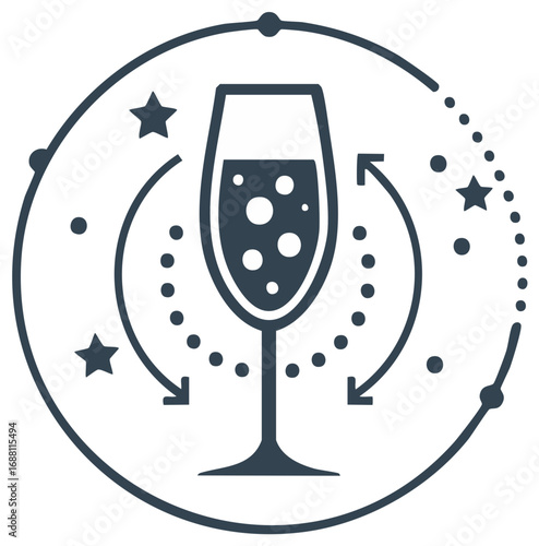 Endless party and celebration vector icon with a sparkling wine glass and stars