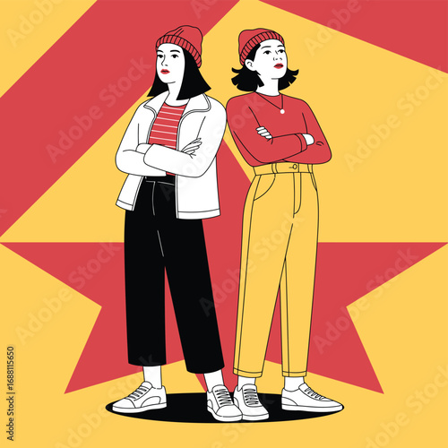 Bold woman looking upward with red, yellow, and cream background in retro color scheme, empowering pop art portrait illustration
