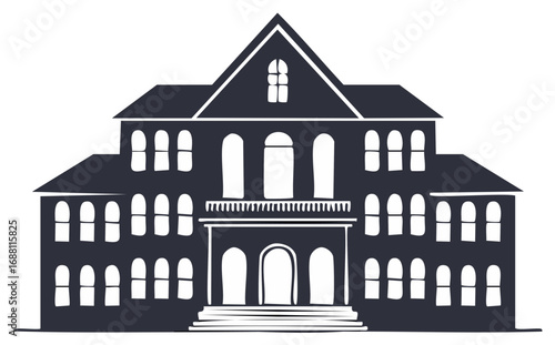 Architectural silhouette of a grand manor house with arched windows and a prominent facade