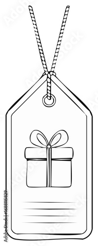 Gift Tag Outline: Present Illustration with Bow, String Loop for Hanging, and Lines for a Message