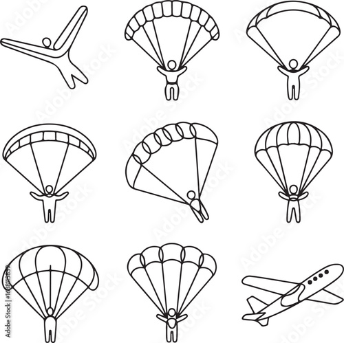 skydiving, and, paragliding, adventure, icons, in, a, minimalist, line, art, style, showing, extreme, air, sports, and, recreation, vector