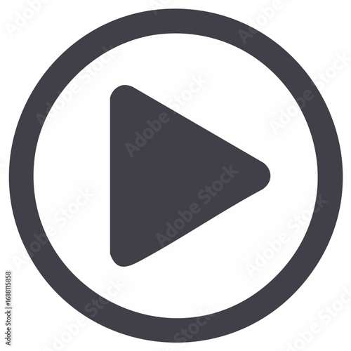 Simple dark gray play icon design within circle, media player control symbol on bright white background, digital design element