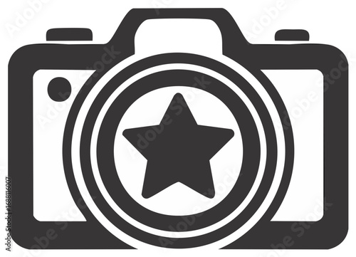 Digital camera symbol featuring a prominent star on its lens for excellent photography concept and rating