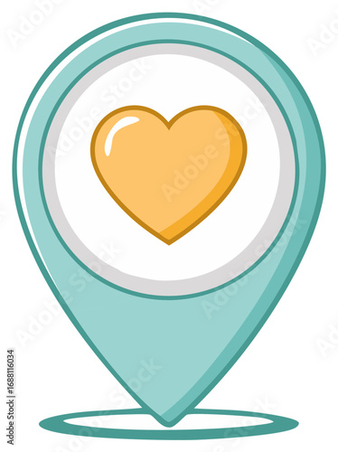 Teal Map Pinpoint Marker with Yellow Heart Valentine Romantic Love Icon