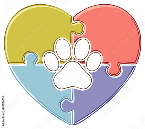 Heart Puzzle Featuring Dog Paw Print Illustration for Animal Shelters Adoption