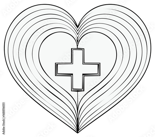 Abstract heart shape with a plus sign symbol inside symbolizing care and health