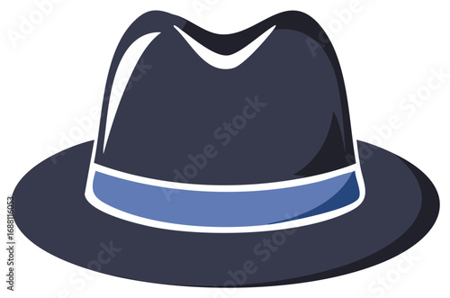 Stylish fedora hat illustration with blue band, isolated on white background.