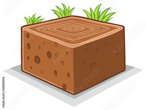 Brown Cubic Block with Grass Sprouts and Textured Surface