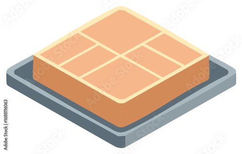 Isometric illustration of a brown chocolate block with square divisions on a grey tray