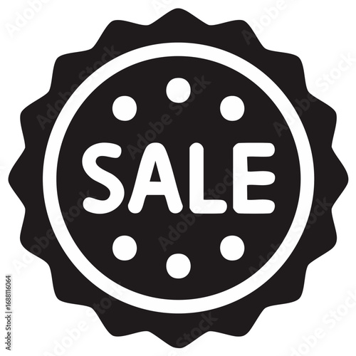 Black and white round sale badge icon with text and dots for discount promotions