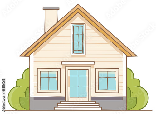 Cozy two-story house with bushes, front view, vector illustration, real estate