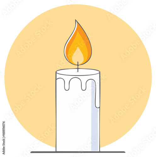 White Candle with Melted Wax and Burning Flame Flat Vector Illustration Icon