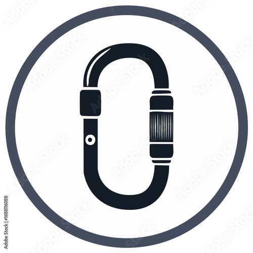 Black carabiner safety hook icon in circular frame for climbing and outdoor activities